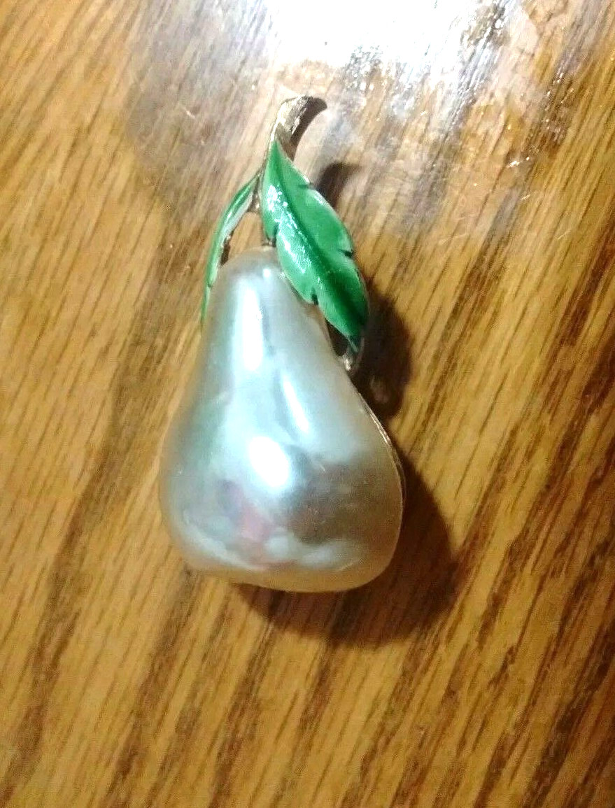 Vintage Faux Pearl Pear Enamel Brooch Pin Signed J J