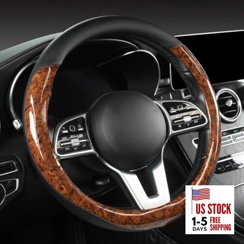 Wood Grain Steering Wheel Cover Microfiber Leather Breathable Anti Black Coffee