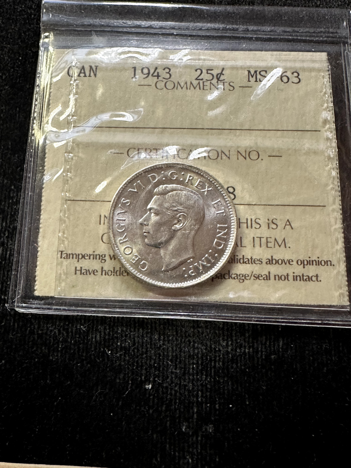 1943  ICCS Graded Canadian, ¢25 Cent, **MS-63** # XNK 568