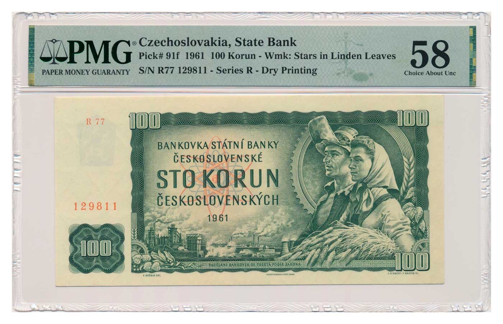 CZECHOSLOVAKIA banknote 100 Korun 1961 serie R 77 PMG AU 58 EPQ Choice About Unc