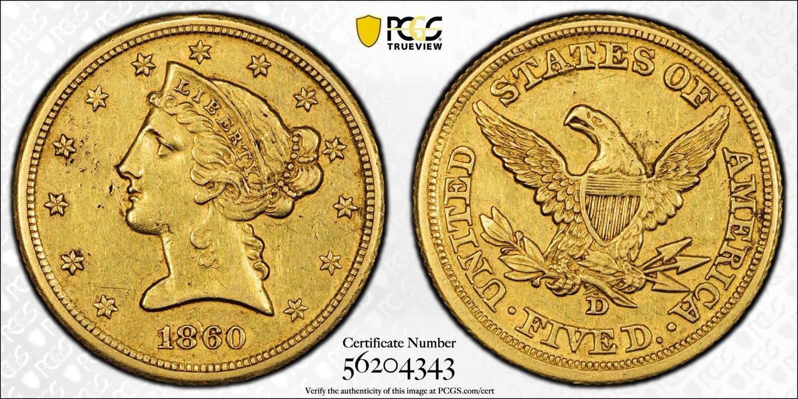 1860-D $5 Liberty Head PCGS AU Detail Half Eagle, U.S. Gold DAHLONEGA ‘Medium D’