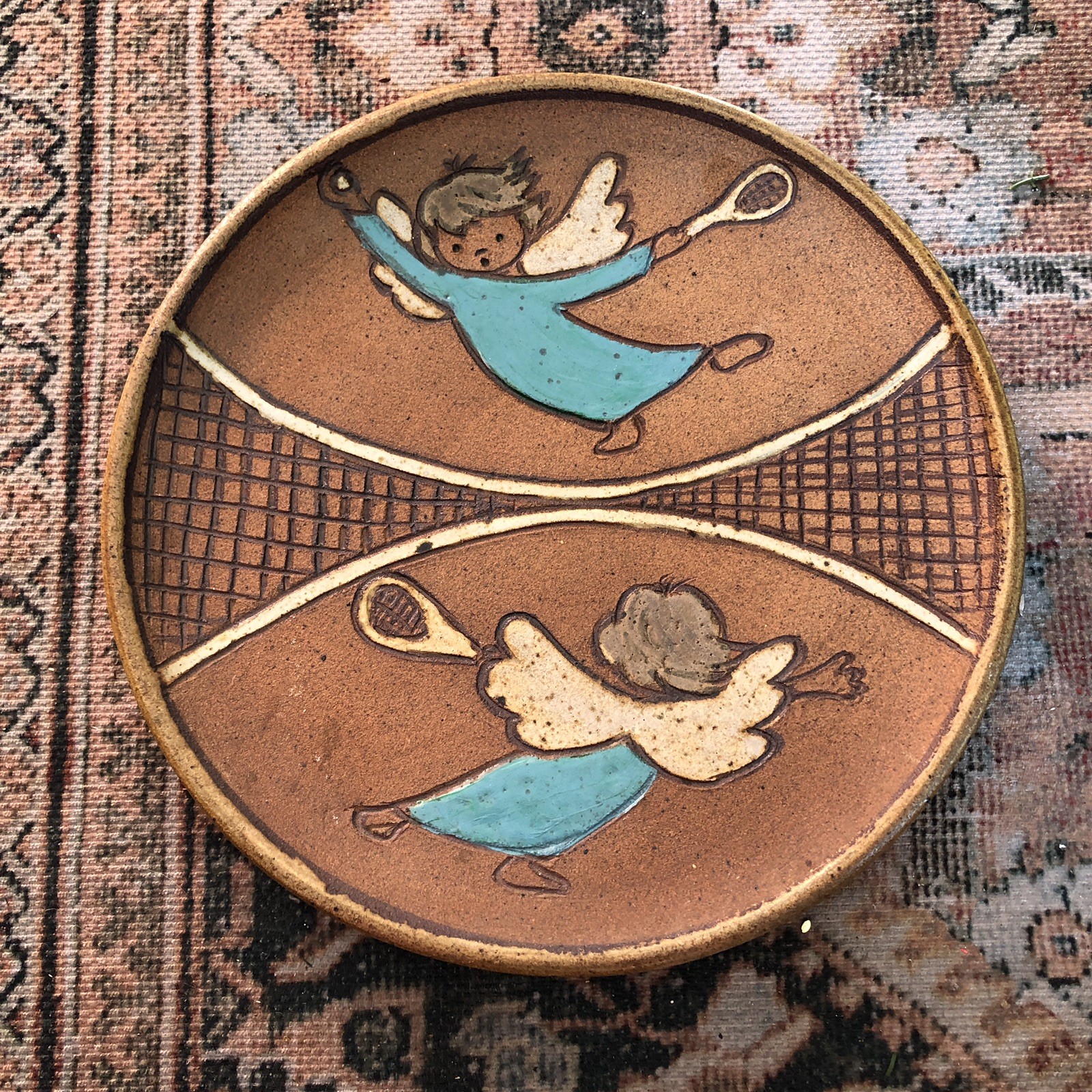 Vintage 80s Stoneware Studio Art Pottery Folkart Plate Angels Playing Tennis 12”