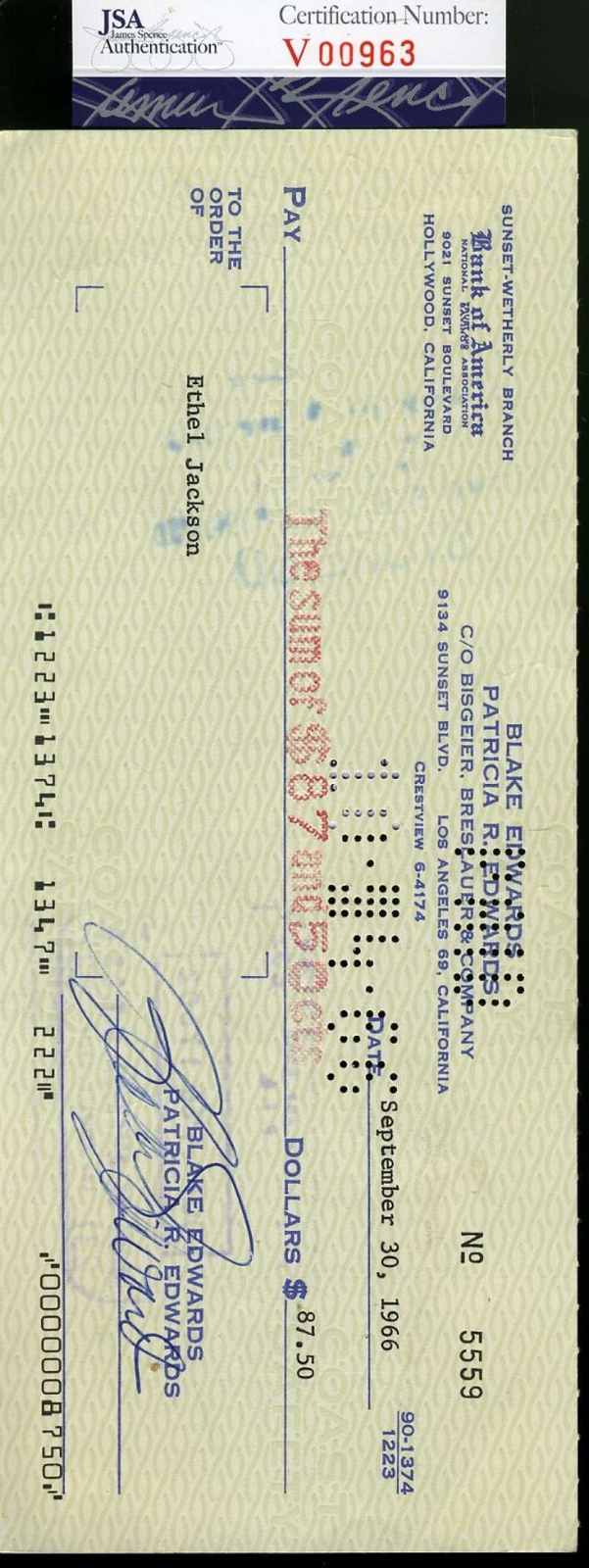 Blake Edwards Jsa Coa Hand Signed 1966 Check Autograph Authenticated