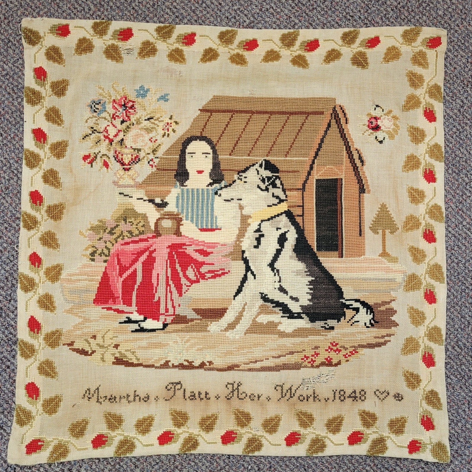 Early Victorian English  Woolwork Tapestry Sampler Girl & Dog - 1848 - Unframed