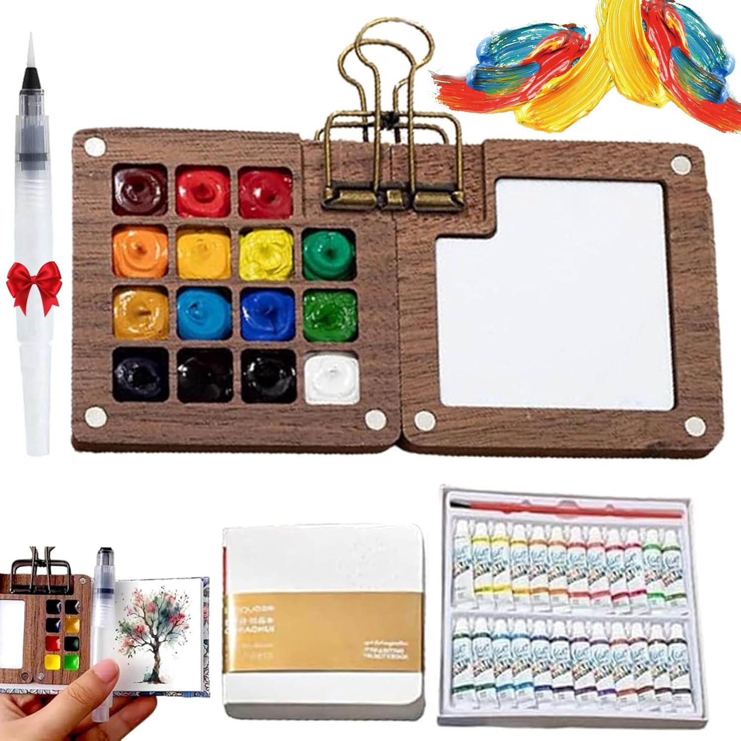 Mini Watercolor Travel Paint Kit Pocket Set 24 Colors Sketchbook Walnut