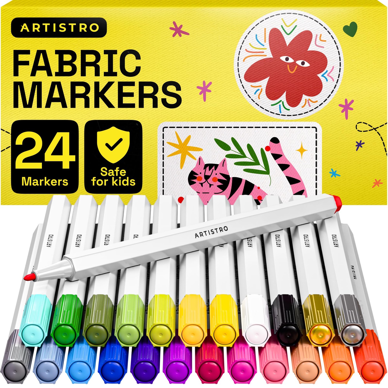 ARTISTRO 24 Fabric Markers - Fine Tip 1 Count (Pack of 24), Multicolor 