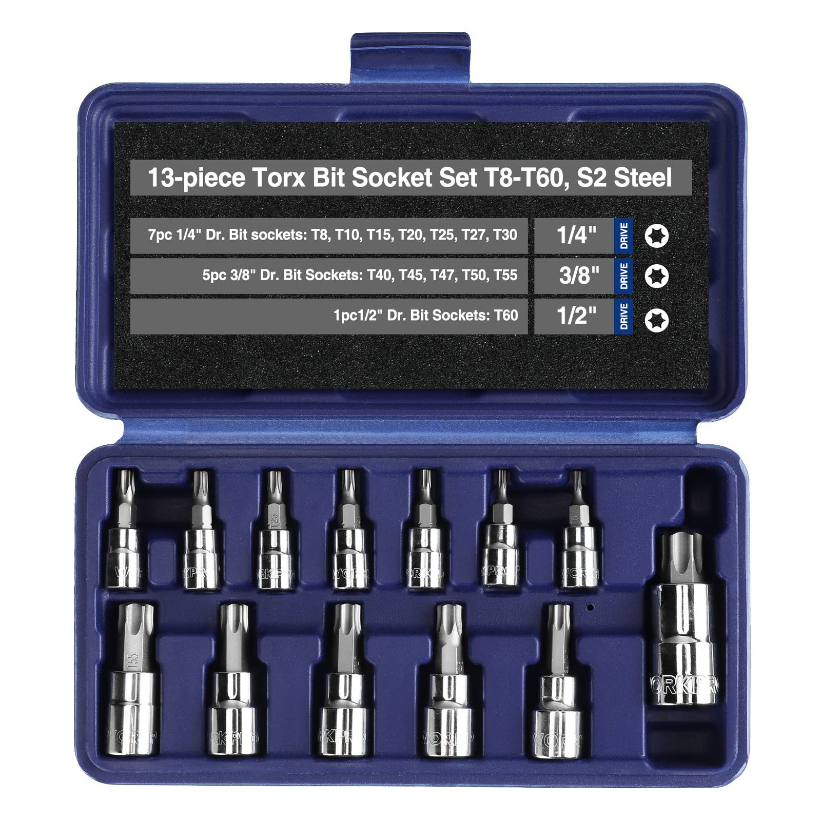 WORKPRO 13-Piece Torx Bit Socket Set T8-T60, 1/4", 3/8" and 1/2", Blue Case 