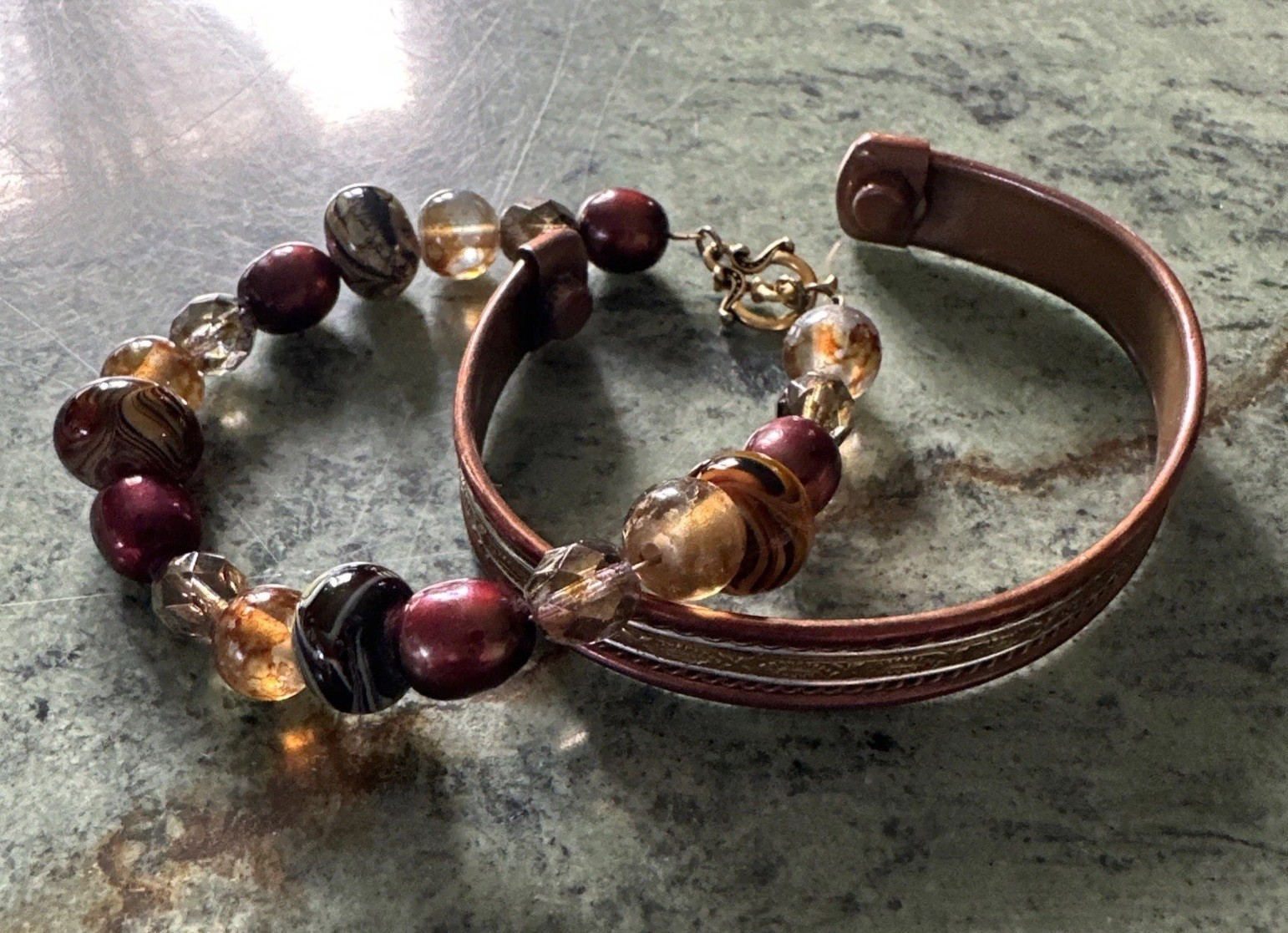 Boho Copper Silver Brass Bracelet Cuff & Art Glass Beaded Earthy Lot of 2