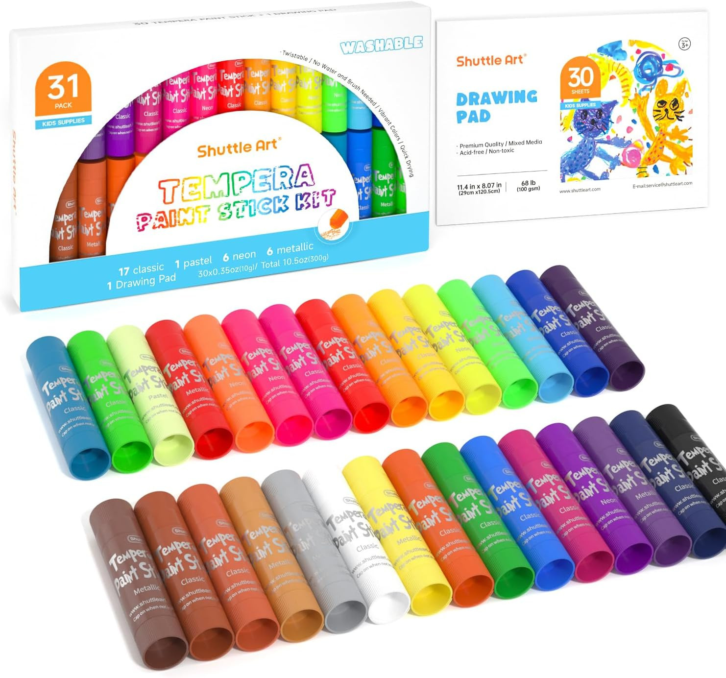Tempera Paint Sticks, 30 Colors Solid Tempera Paint for Kids with 1 Drawing Pad,