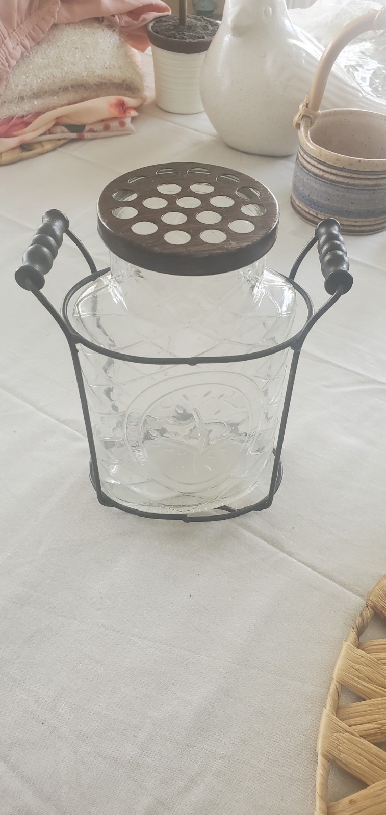 Vintage Glass Flower Frog Vase w/ Metal Carrier & Wood Handles