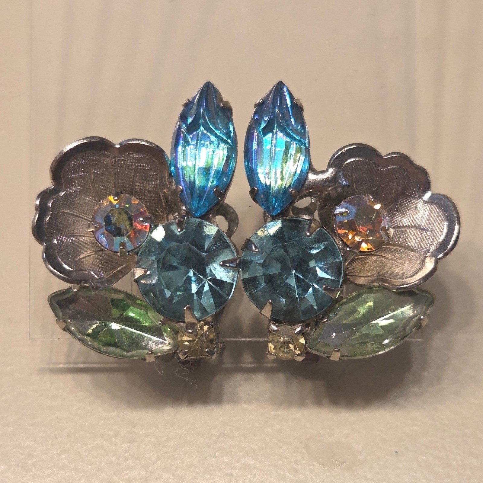 Vintage Rhinestone Flower Clip Earrings Aurora Borealis Blue Green Silver Tone