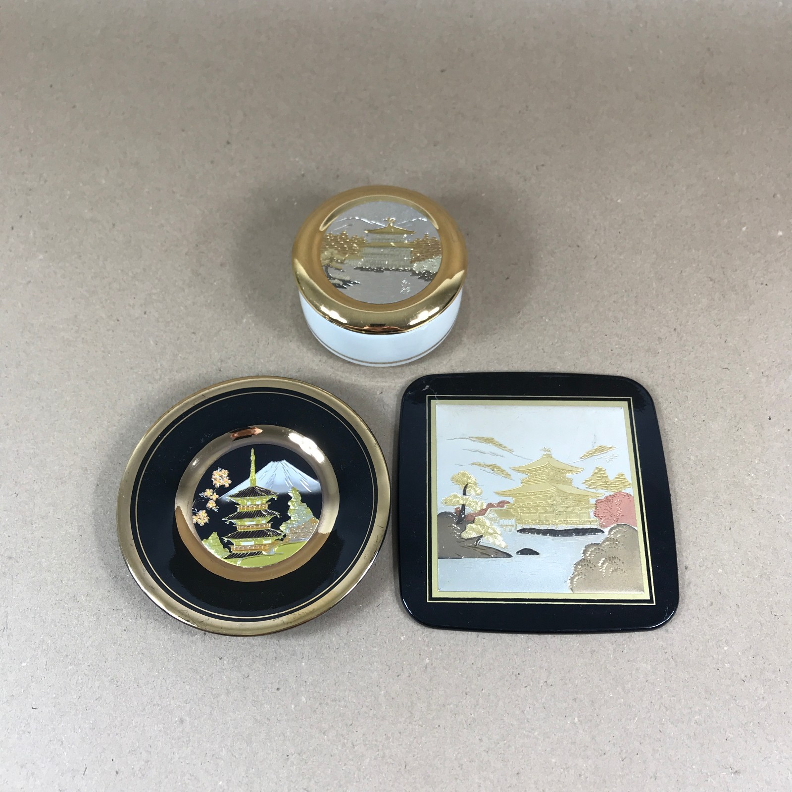 Collection of 3 Japanese Chokin Gold Gilded Trinket Dishes and Coaster Vintage