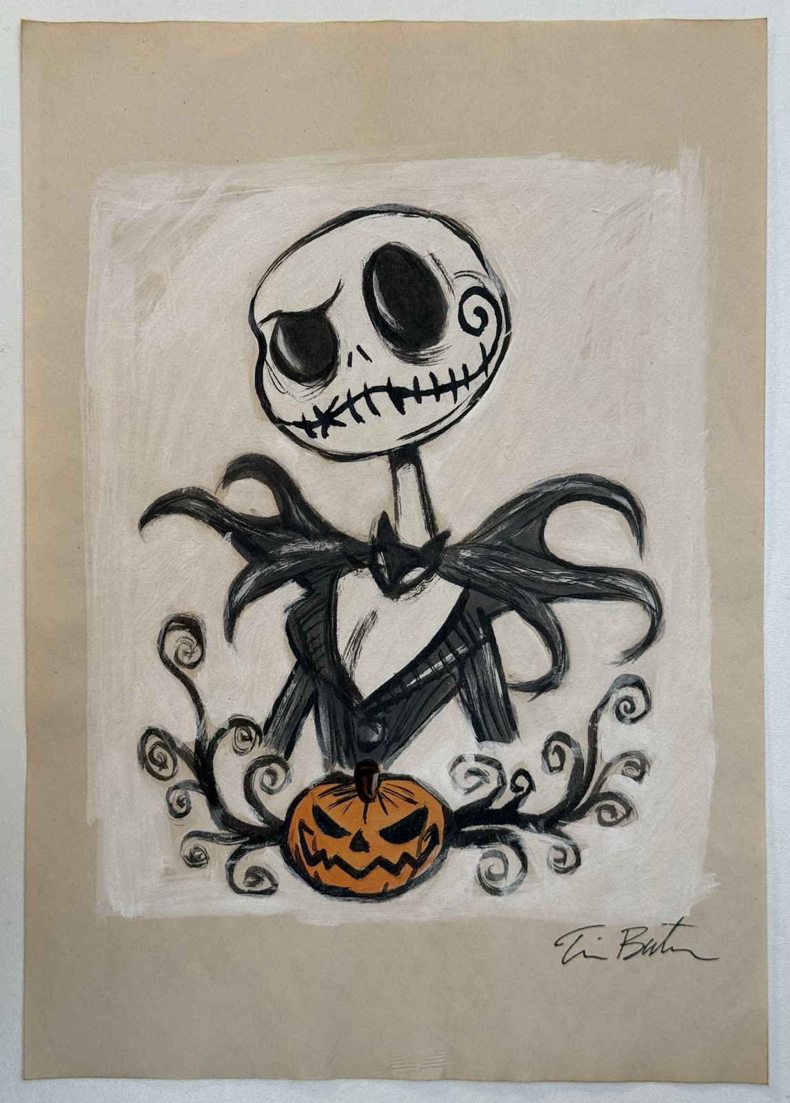 Tim Burton (Handmade) Drawing On Old Paper Signed, vtg art