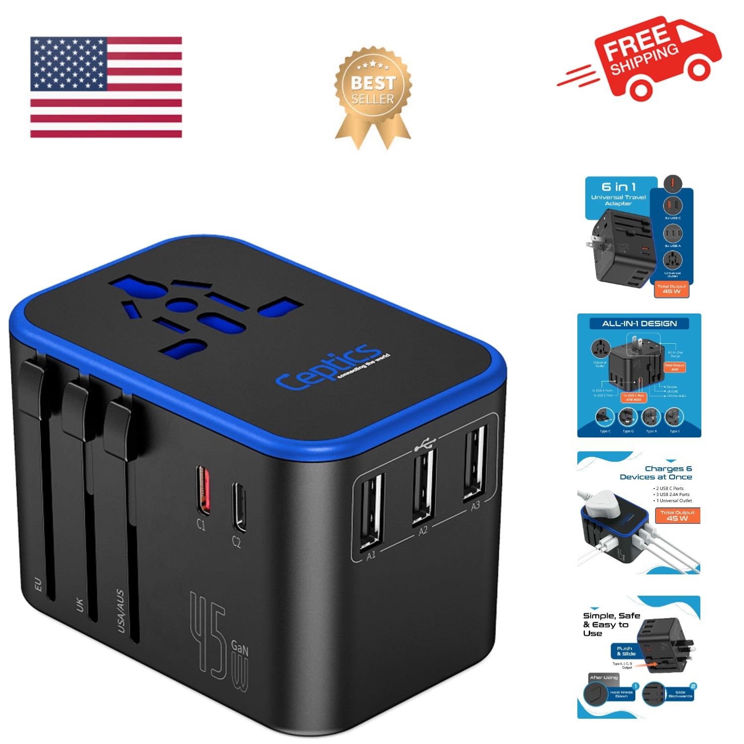 Universal Travel Adapter, 45W International Power Adapter with PD & QC 3.0 Du...