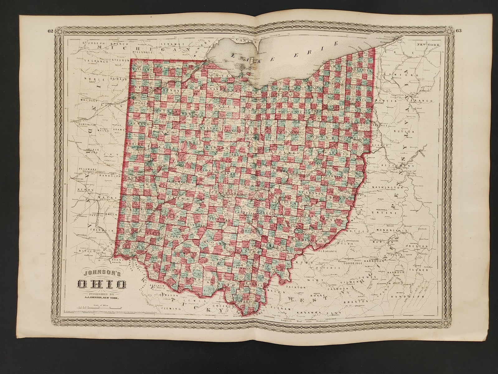 1864 antique OHIO JOHNSON’S hand-colored MAP from atlas 26.5×18