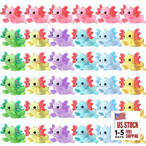 36 Pcs Valentines Day Axolotl Plush Mini Stuffed Animal Keychains Bulk 4 Inch 