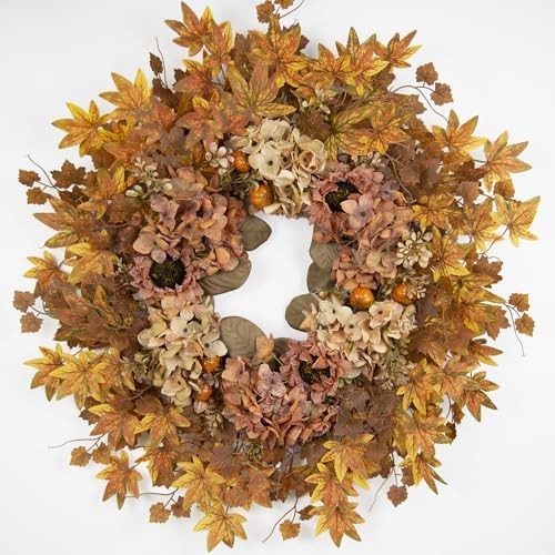  26 Inch Artificial Dried Hydrangea Wreath, Fall Colour Hydrangea/Maple Leaf