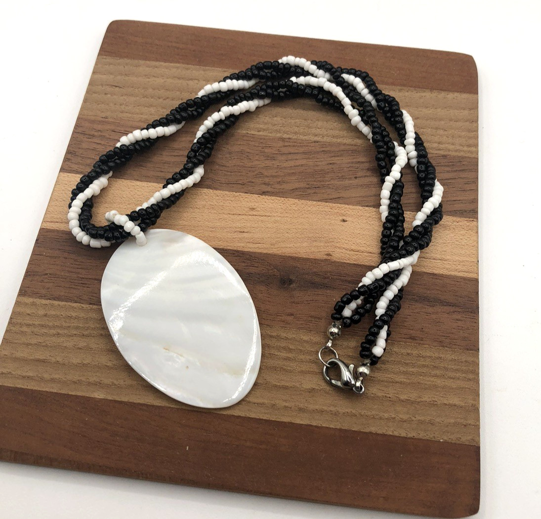 Black & White Twisted Seed Bead Necklace Mother of Pearl Abalone Shell Pendant