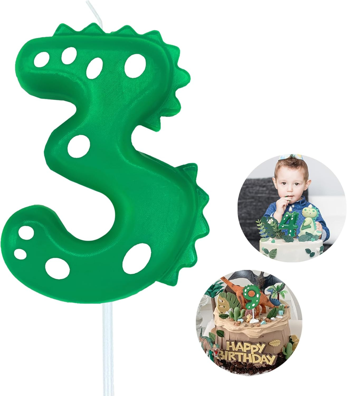 Number Birthday Candles(3 Candle Green) Dinosaur Shape Number Happy Birthday Cak