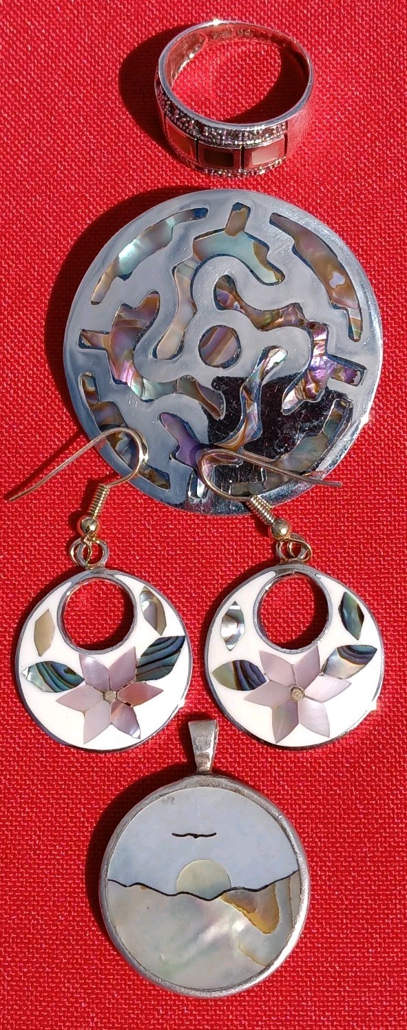 Sterling Silver Abalone Lot Large Abstract Dual Pendant/ Pin. RING Earrings. 