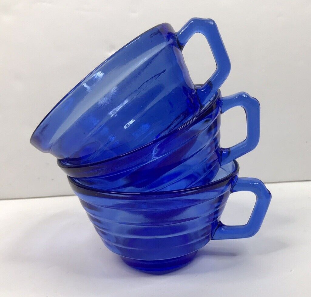 Vtg Blue Hazel Atlas Moderntone Depression Glass Lot of 3 Cups Retro MCM Deco