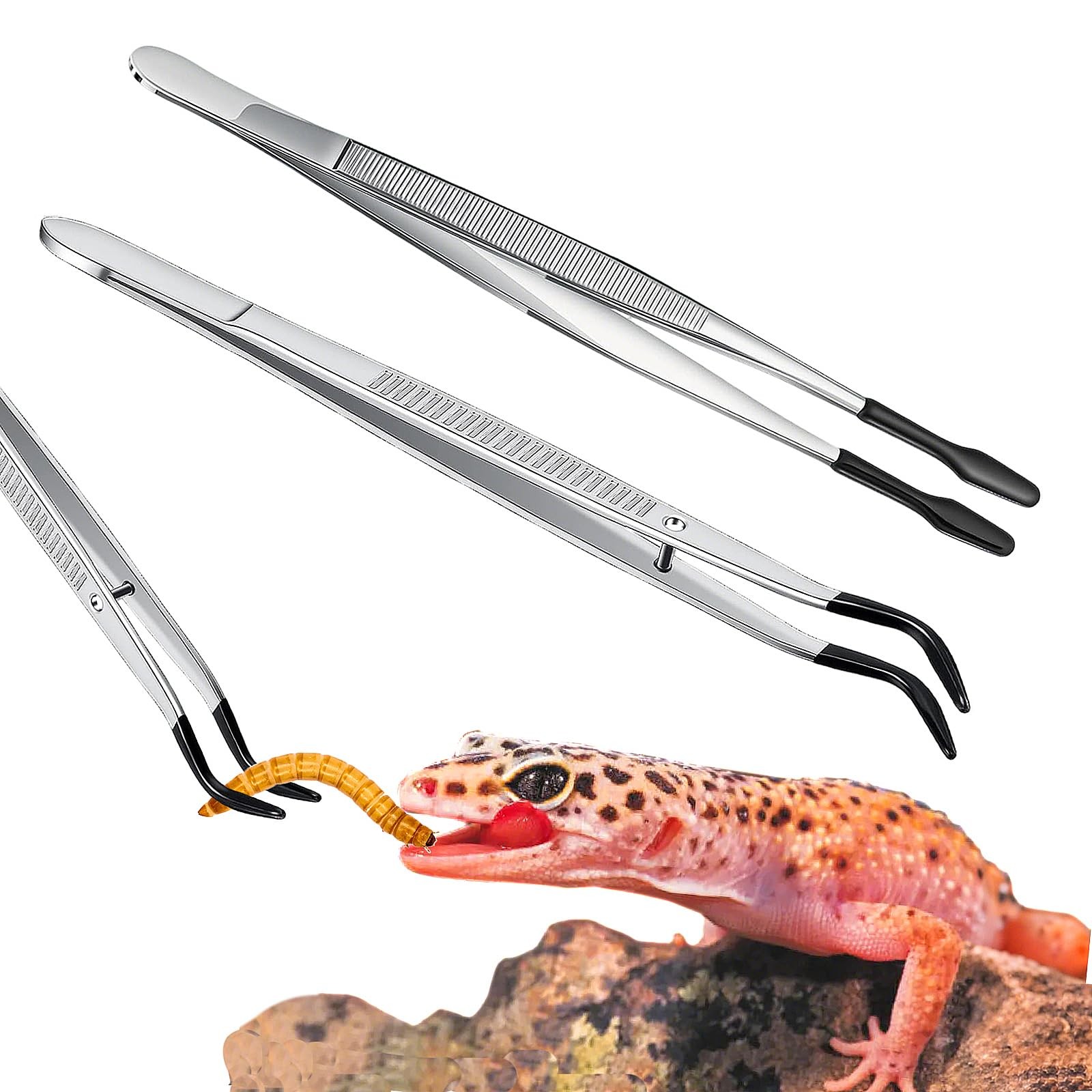 Duedusto 2Pcs Reptile Feeding Tongs with Rubber Tips, Leopard Gecko Sliver 