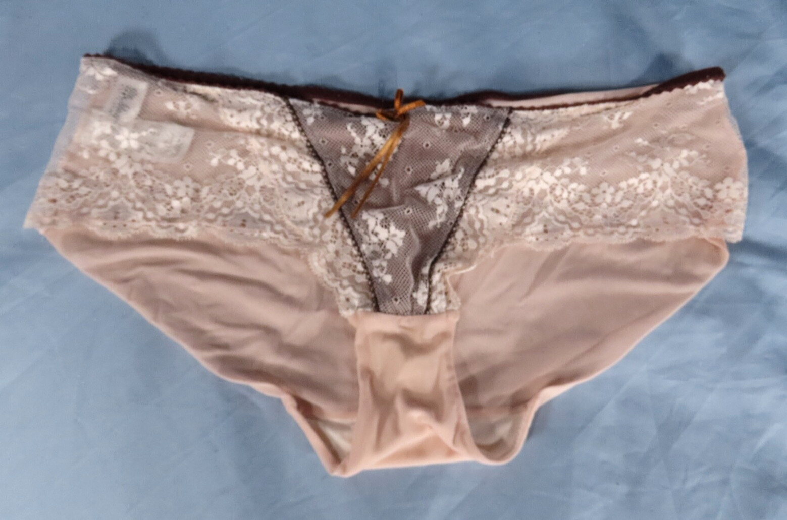 VTG Elle McPherson PINK/BEIGE/BROWN Sheer Mesh BIKINI PANTIES Lace Ribbon Bow S