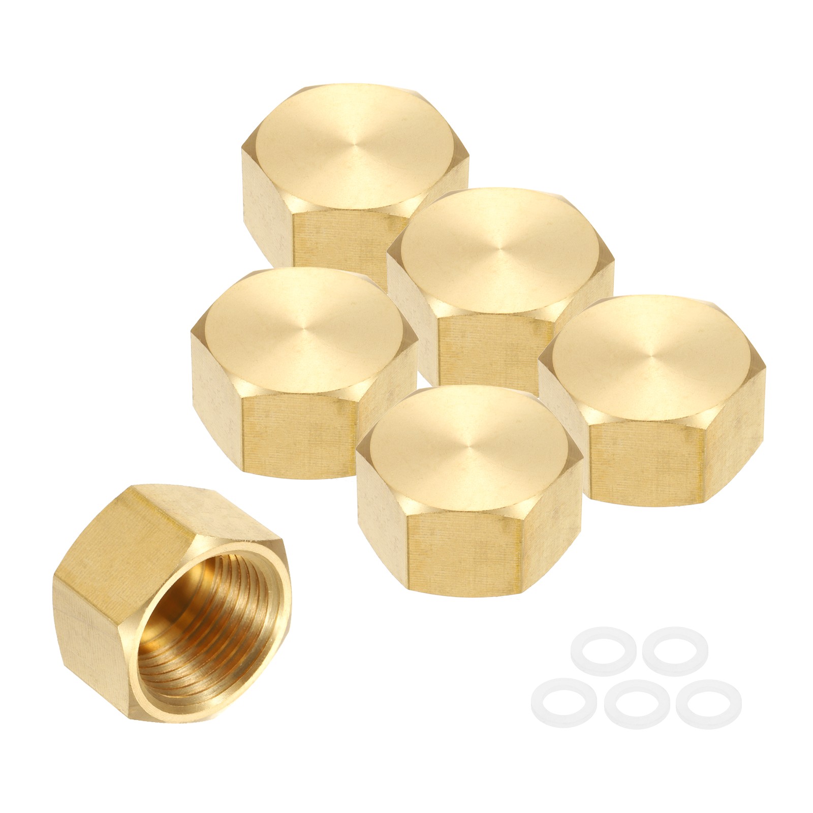 6pcs Brass Pipe Fitting Hex Head Plug G1/2" with Gasket, Gold Tone