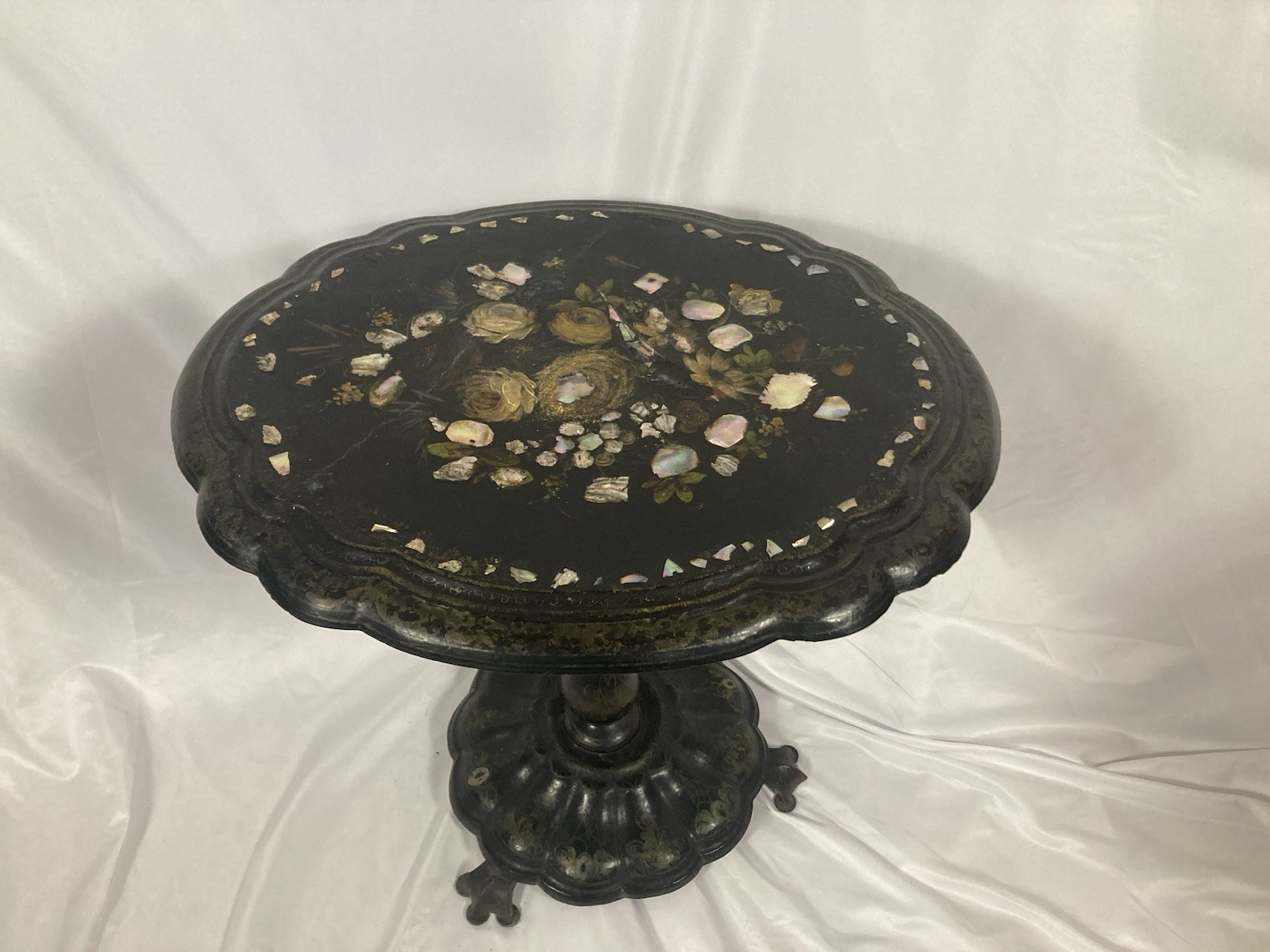 Antique Victorian Papier-Mâché Pedestal Table | Mother of Pearl Inlay |25'' H