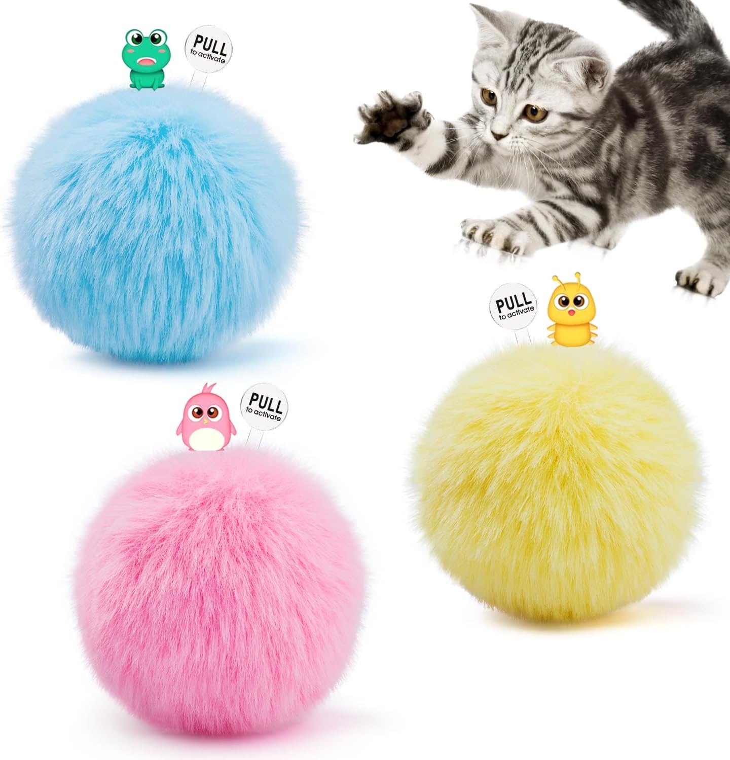 Chirping Cat Toys Balls with SilverVine Catnip, Upgraded, 3 Pack Fluffy