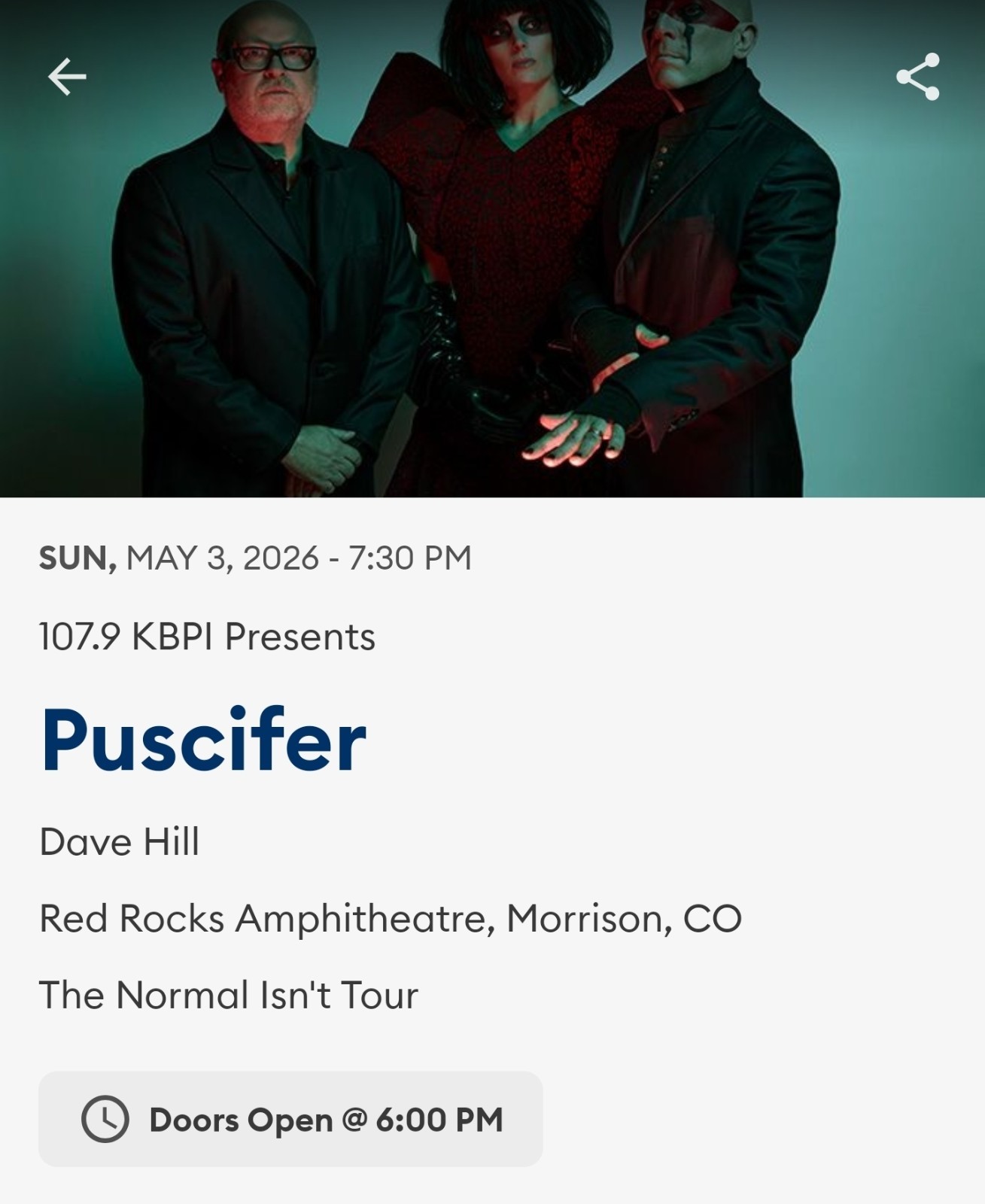 2 Puscifer Tickets at Red Rocks in Morrison, CO on 5/3/2026 -- ROW  13