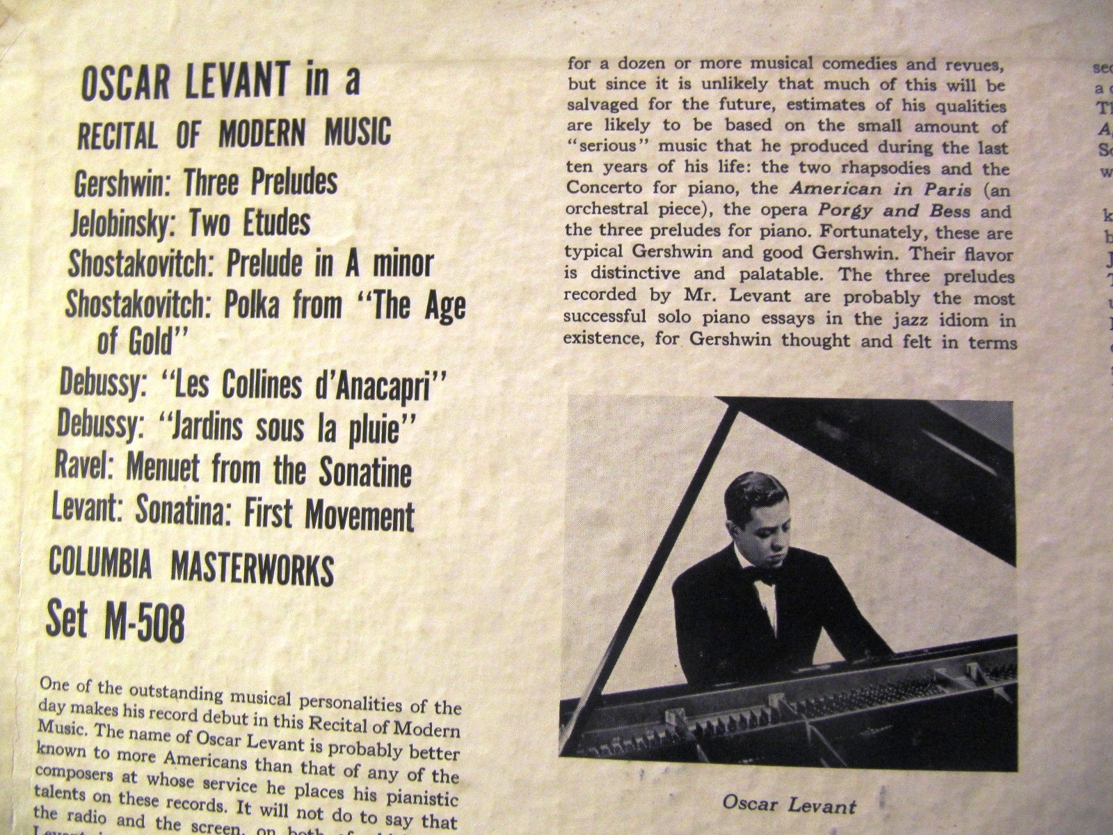 George GERSHWIN PRELUDES Oscar Levant Recital of Modern Piano Music Set M-508