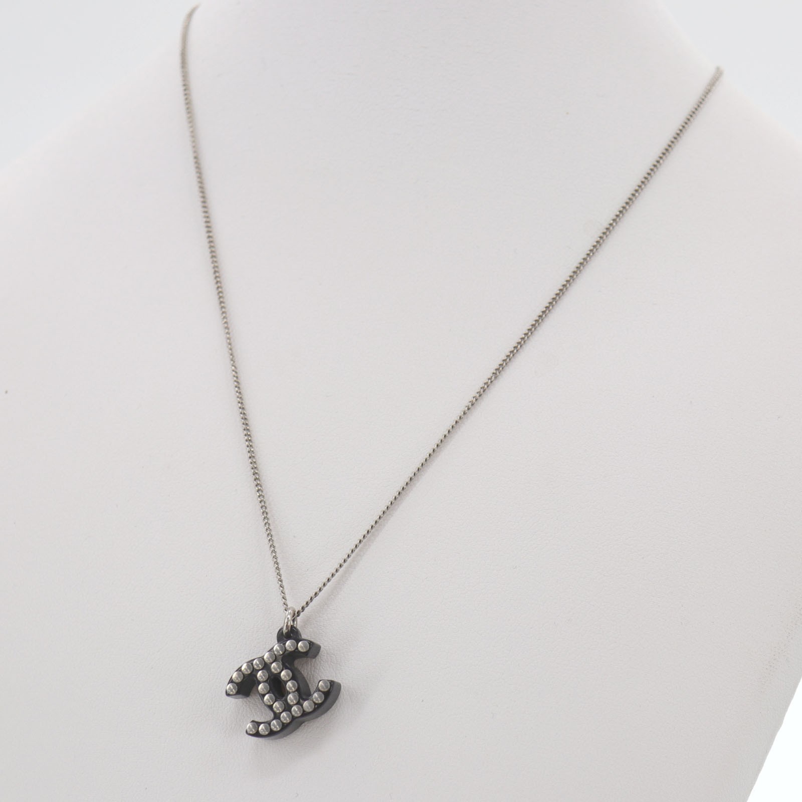 CHANEL Used Chain Necklace CC Logos Black Studs Silver Pendant 05P Italy #EJ360