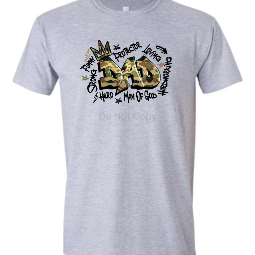 Dad T-Shirt – Graffiti Letters & Camo Print – Bold, Unique, and Full of Swagger