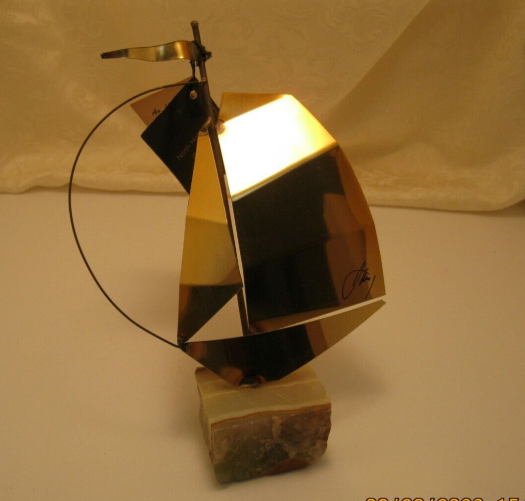 Sail Boat with White Marble Base and Decorative Golden Brass Looking Sail Y2K