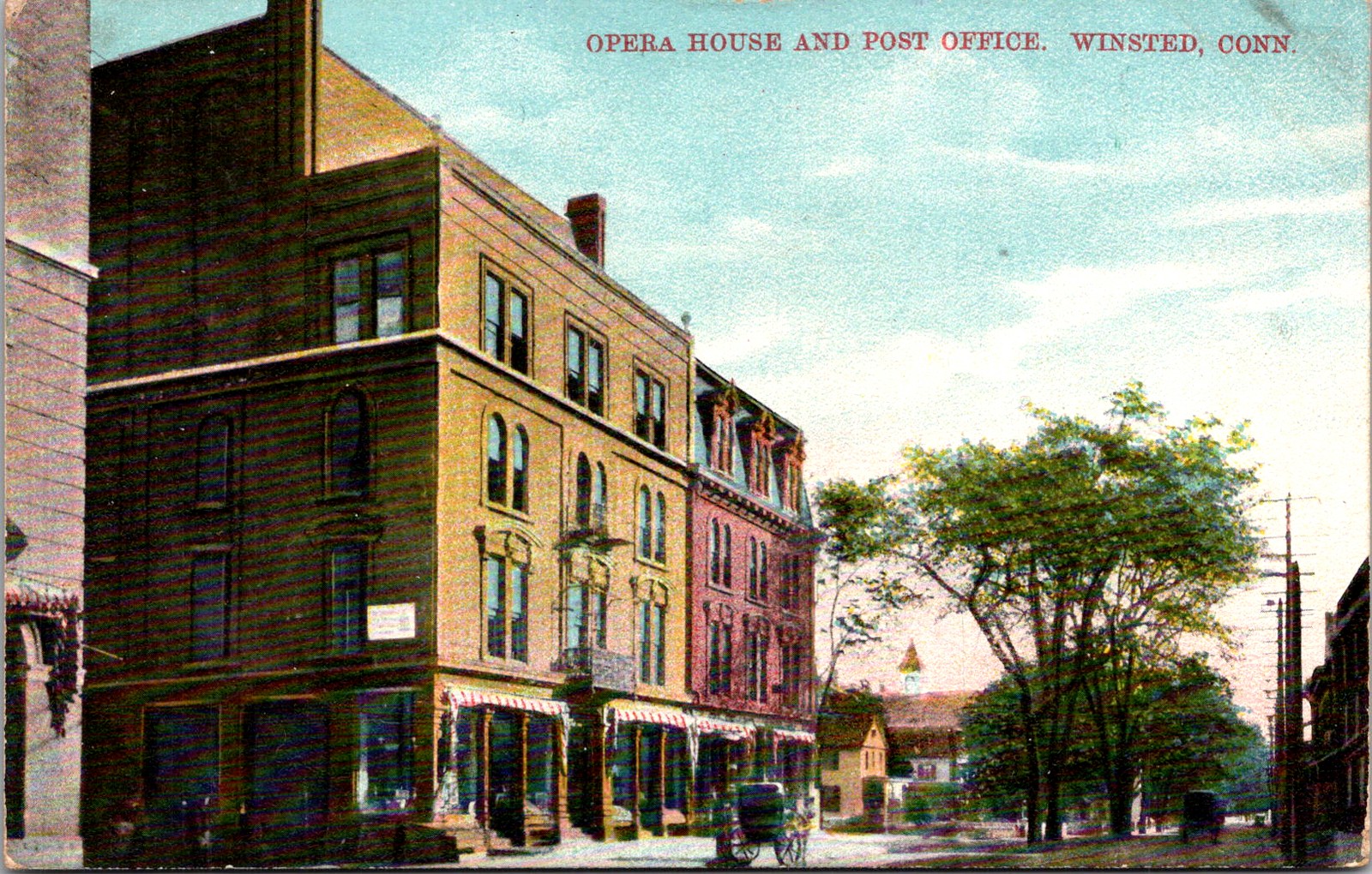 Postcard Opera House & Post Office in Winsted, Connecticut - used in 1910