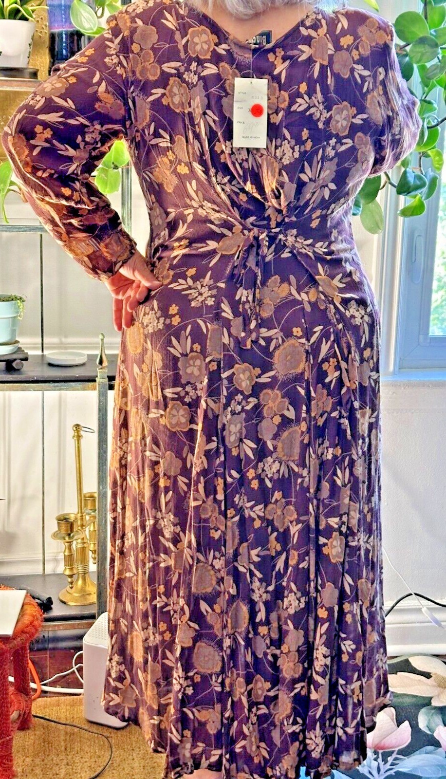 Vintage casual light brown with Reddish flowers Long Dress XL