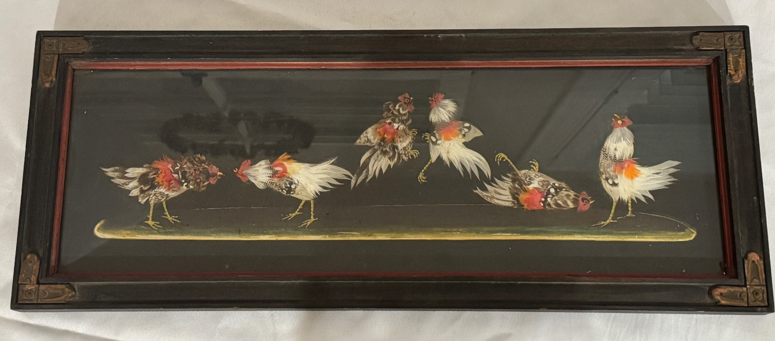 VINTAGE FIGHTING COCKS COCK FIGHT ART FRAMED ROOSTER FEATHER ART DECO 21.5X6.75"