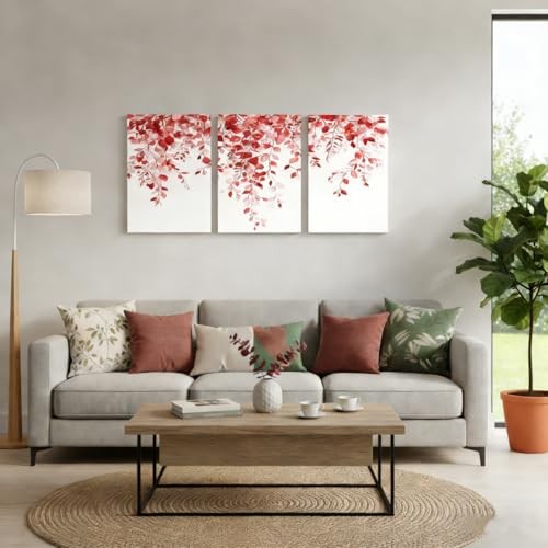  Burgundy Red Eucalyptus Canvas Wall Art, Watercolor Plant Leaves Red White