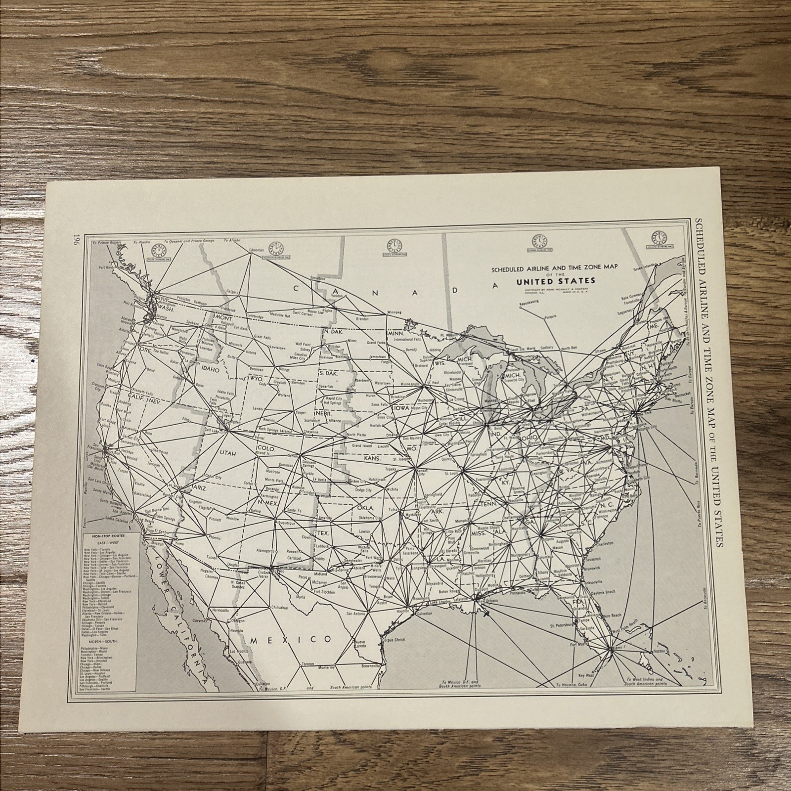 Antique 1956 Map Of  United States 14”x11” (Scheduled Airlines And Time Zones)