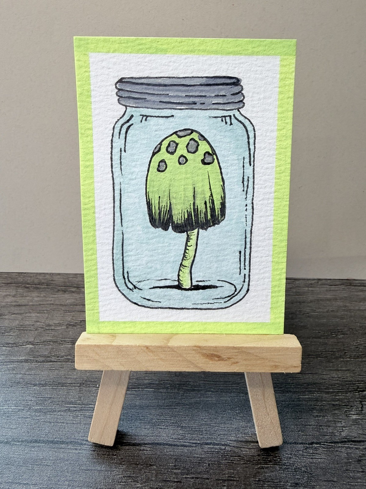Original ACEO Mushroom Art Card Painting Cute Jar Weird 2.5 x 3.5 all.things.ali