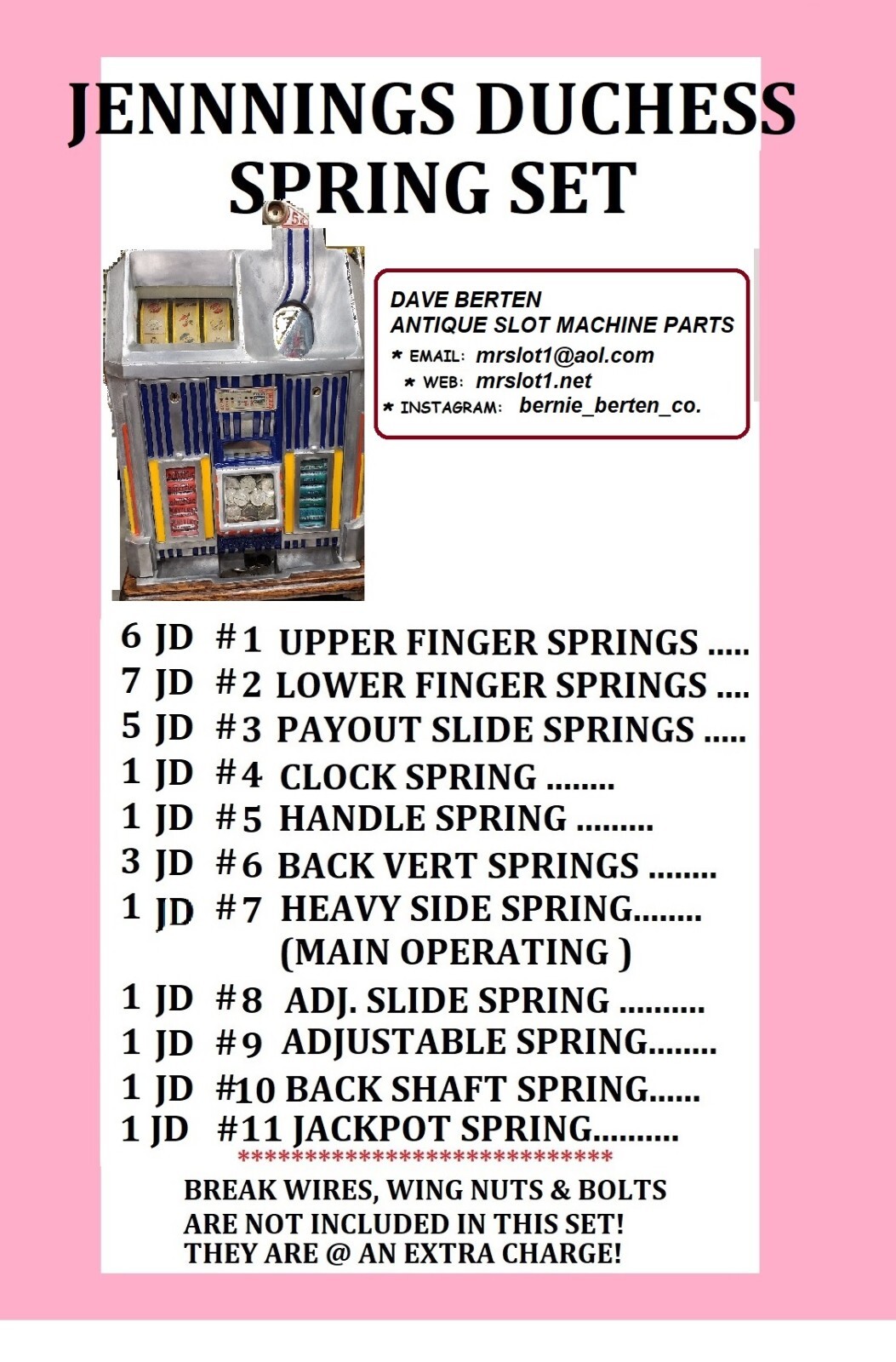 JENNINGS REPLACMENT SPRINGS JENNINGS DUTCHESS ANTIQ SLOT MACHINE MADE IN USA