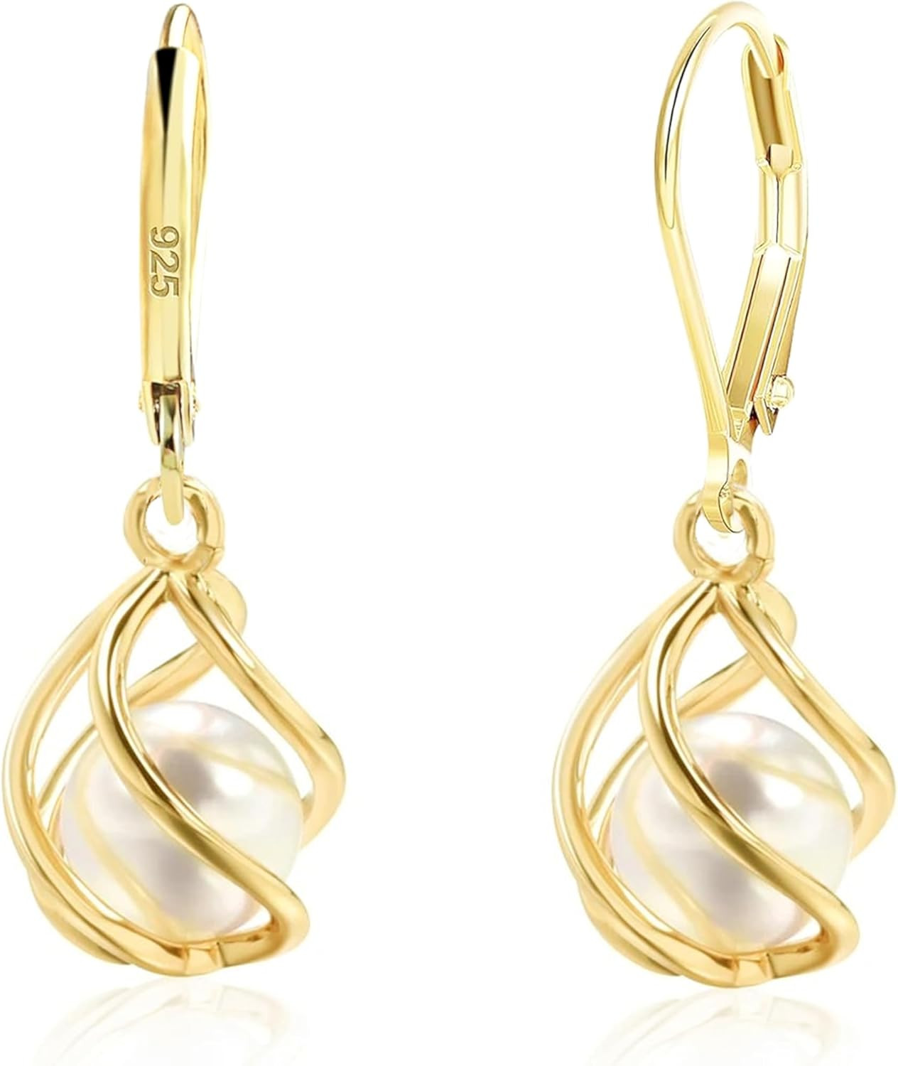 18K Gold Plated Caged Pearl Dangle Drop Earrings for Women Lightweight Leverback