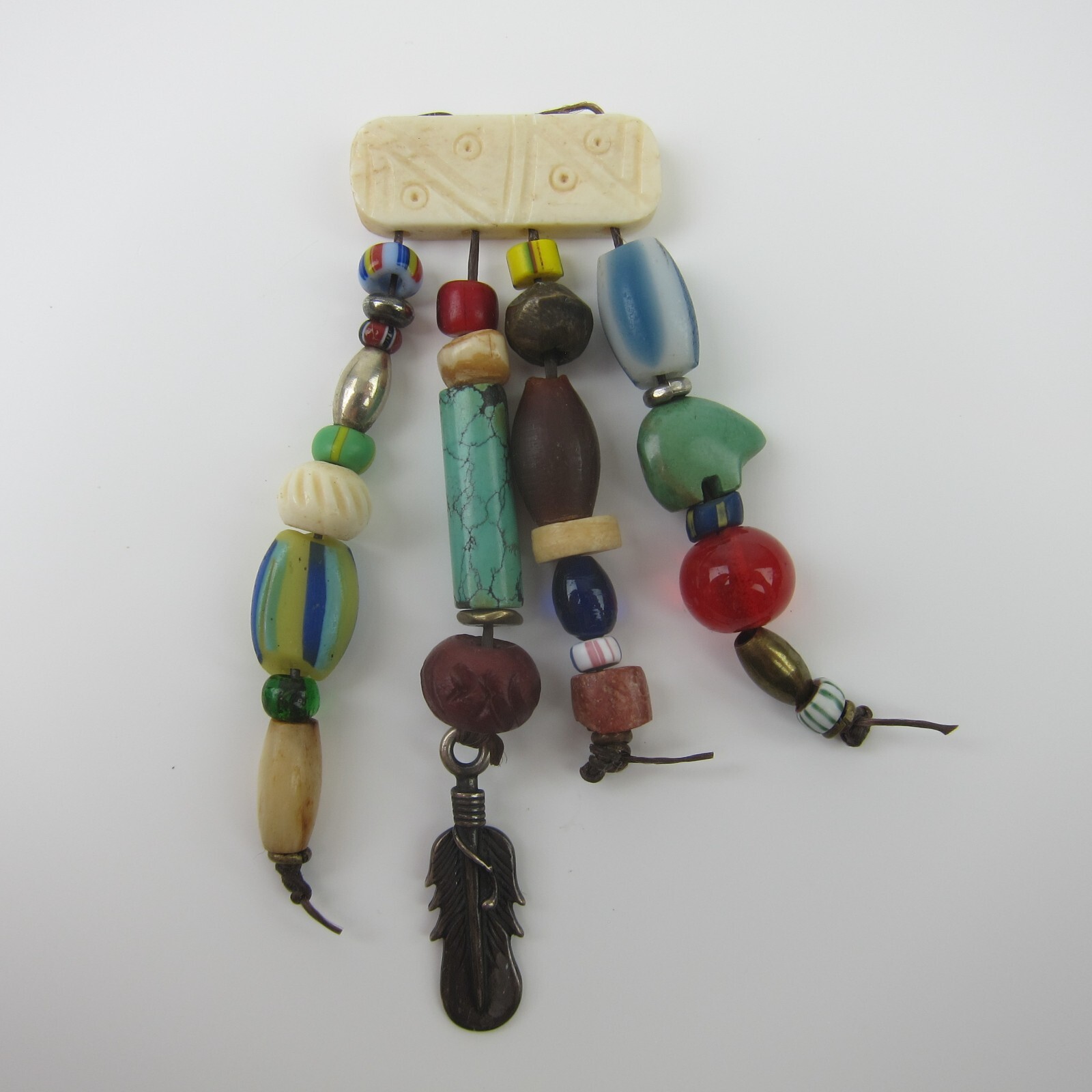 Vintage Southwestern Tribal Bead Strands On 4 Carved Spacer Bar Sterling Feather