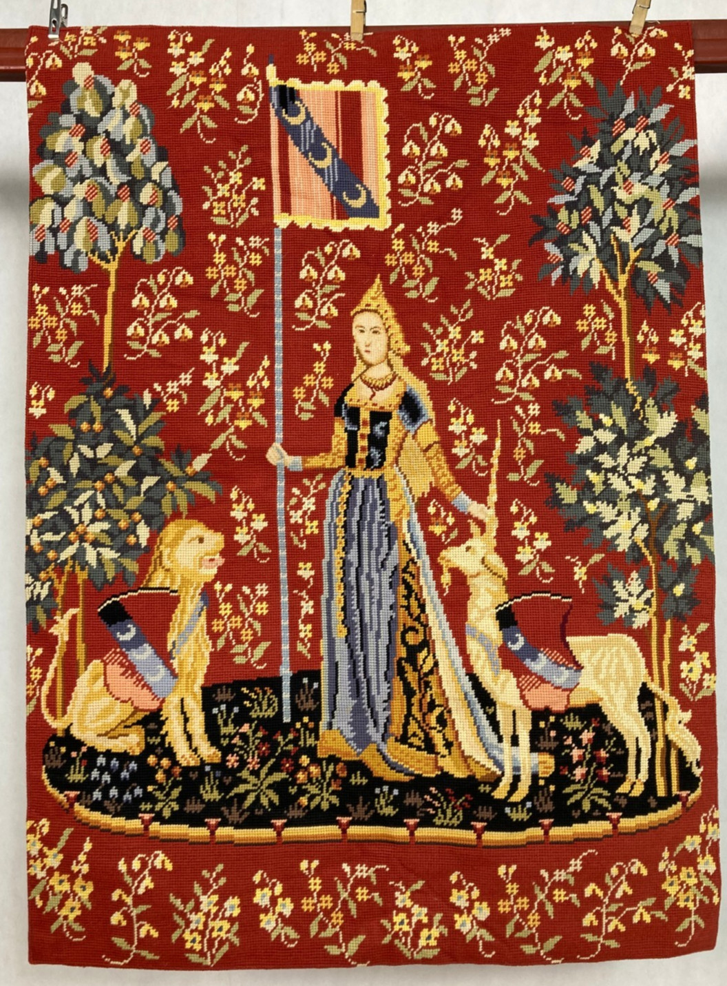 Vintage French Beautiful Floral "Medieval" Scene Wall Hanging Tapestry 95x68 cm