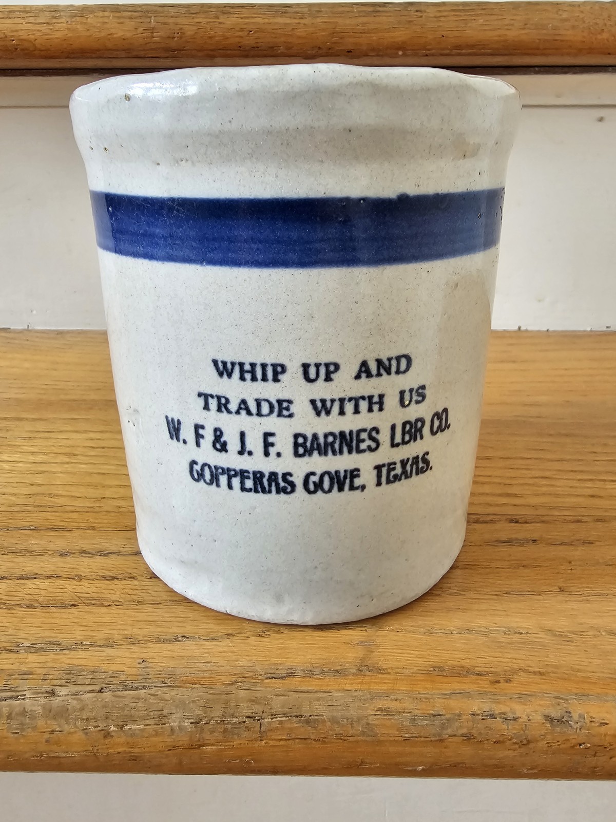 Western Stoneware Advertising Beater Jar Crock Copperas Cove Texas Barnes