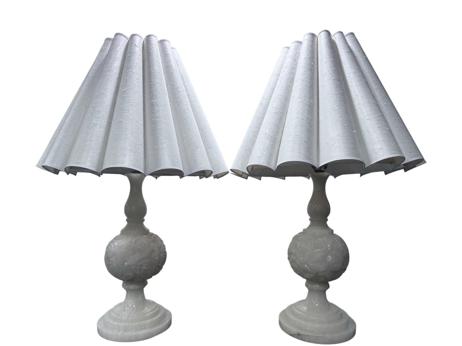 Pair of 1950s Vintage White Glass Floral Table Lamps with Pleated Shades
