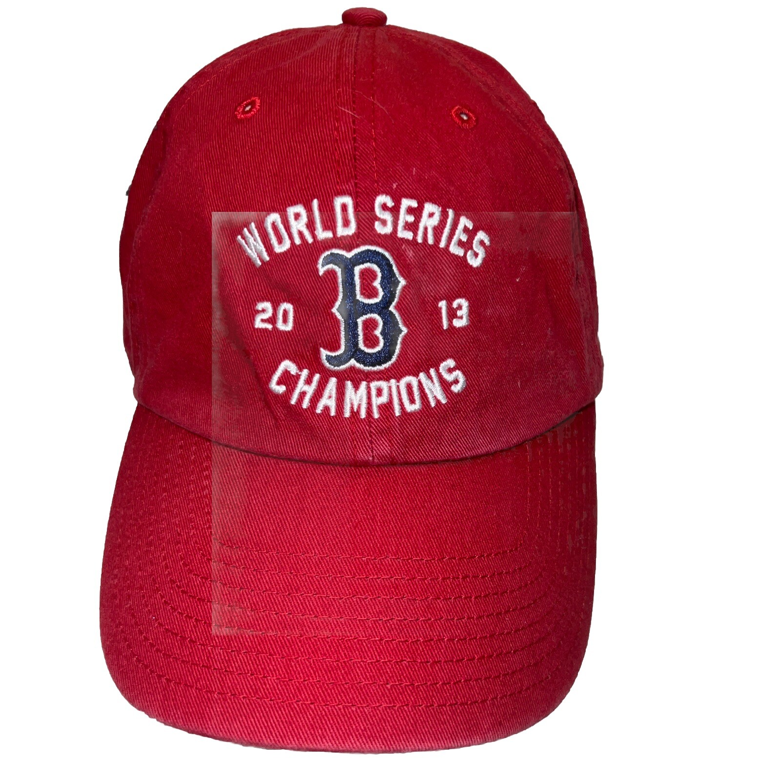 Boston Red Sox Script B Navy on Red Hat Cap Size Medium Fitted 2013 Championship
