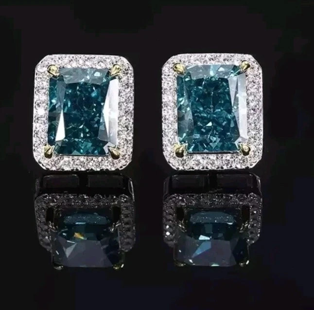 4 Ct Treated Certified Amazing Blue Diamond Solitaire Stud Earrings, 925 Silver