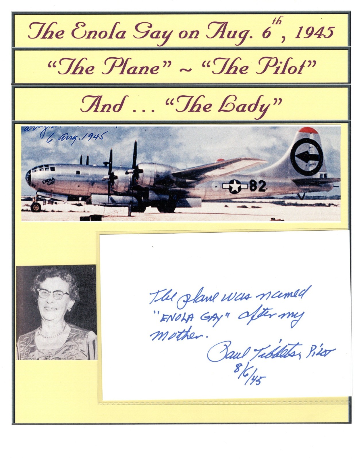 Atomic Bomb: VERY SCARCE Note Written by Paul Tibbets re: Naming B-29 After Mom